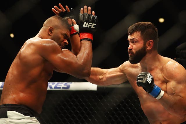 Andrei Arlovski of Belarus (R) and Alistair Overeem of the Netherlands compete in their Heavyweight bout during the UFC Fight Night 87 last May