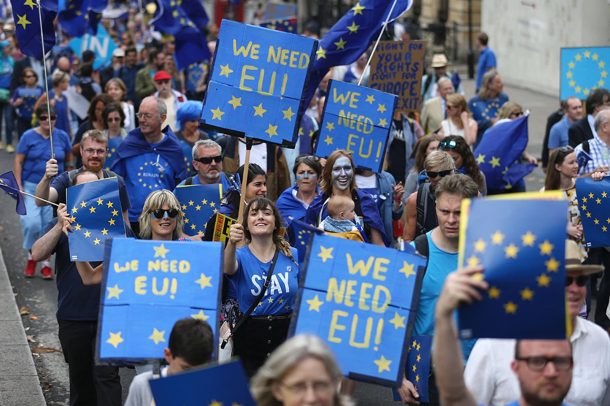 Pro-EU campaigners at a 'March for Europe' protest against the Brexit vote in London on 3 September 2016 (AFP/Getty Images)