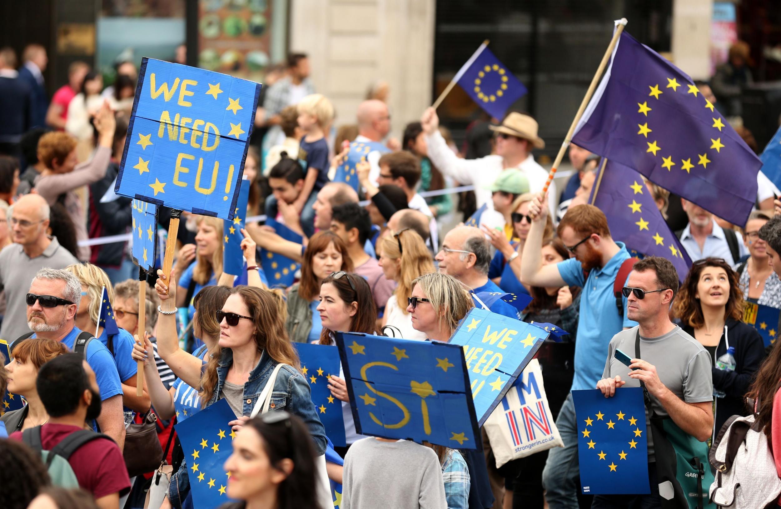 Pro-Europe protesters take part in a March for Europe rally from Park Lane to Parliament Square in London, as they call for the UK to strengthen ties to the Continent following the Brexit vote.