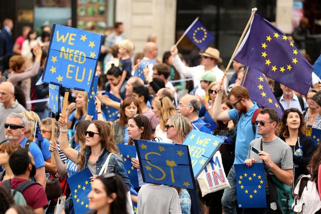 Pro-Europe protesters take part in a March for Europe rally from Park Lane to Parliament Square in London, as they call for the UK to strengthen ties to the Continent following the Brexit vote.