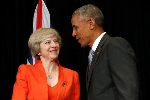 Theresa May and Barack Obama at the G20 Summit in Ming Yuan Hall at Westlake Statehouse in Hangzhou, China, on 4 September 2016