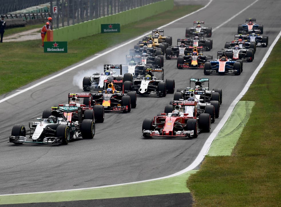 Nico Rosberg leads the field into turn one after Lewis Hamilton's terrible start