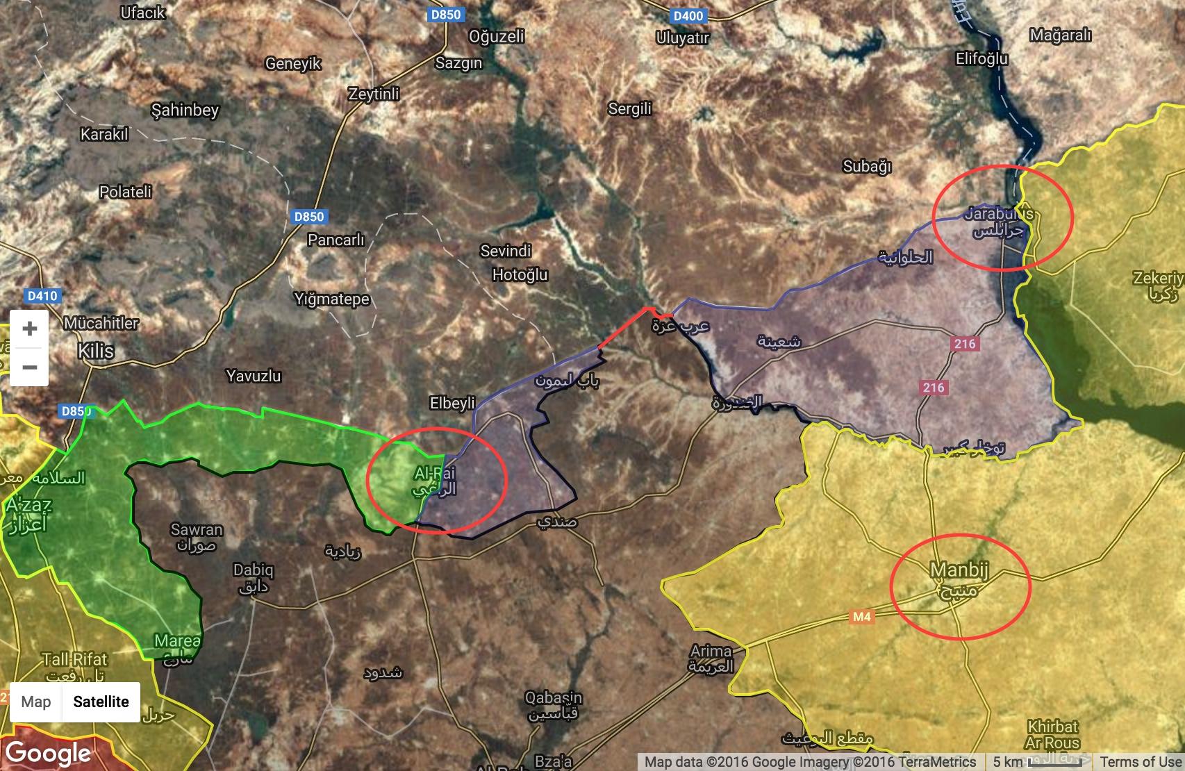 Turkish-backed rebels have been closing in on Isis on two sides from Jarablus (circled in NE) and Al-Rai (circled to W), leaving only a tiny stretch still connecting Isis with the rest of the world. It became apparent Isis was losing control of the border area when the key town of Manbij (circled, SE) fell in early August