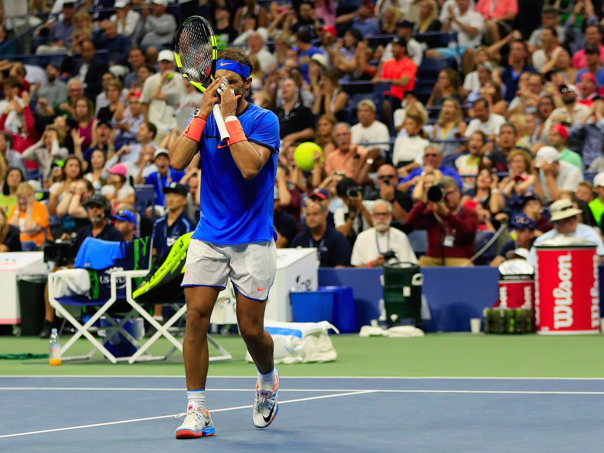 Rafael Nadal reacts to defeat by Lucas Pouille in the US Open fourth round