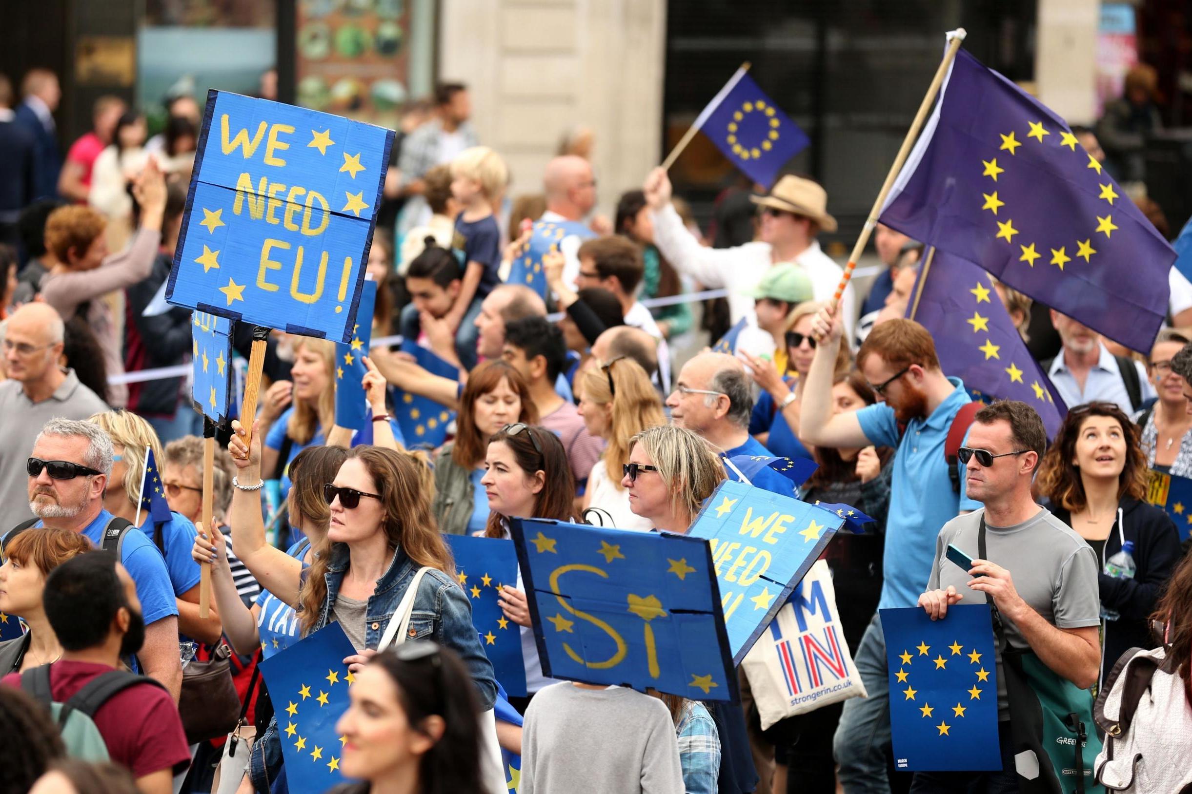 Pro-Europe protesters take part in a march for Europe rally as they call for the UK to strengthen ties to the continent following the Brexit vote