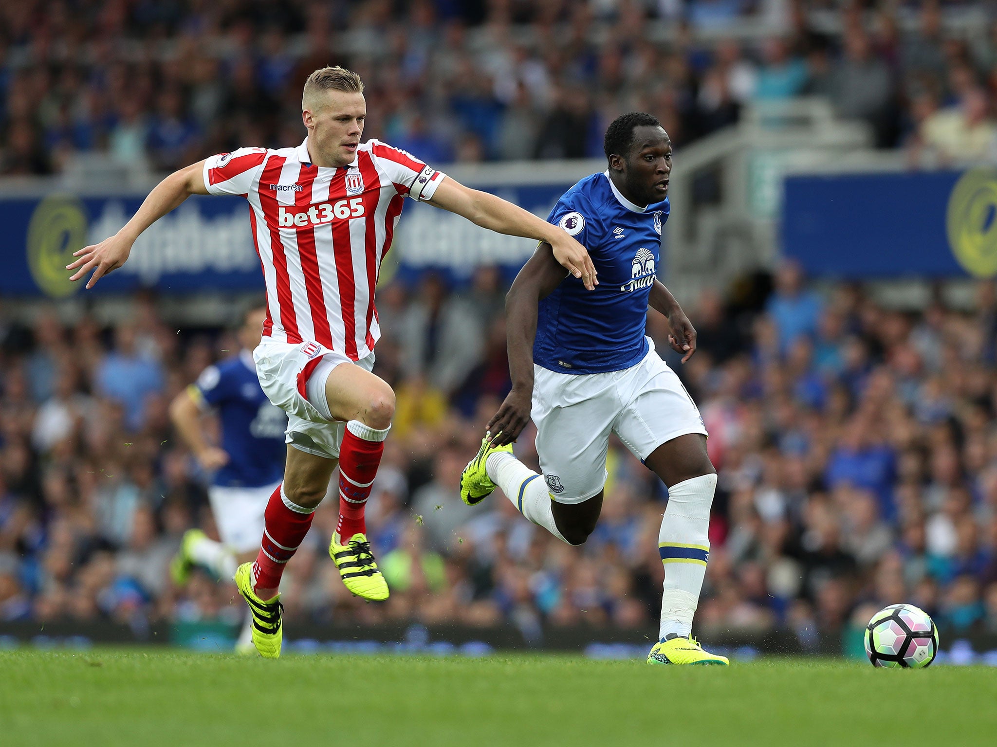 Romelu Lukaku of Everton and Ryan Shawcross of Stoke City compete for the ball at Goodison Park