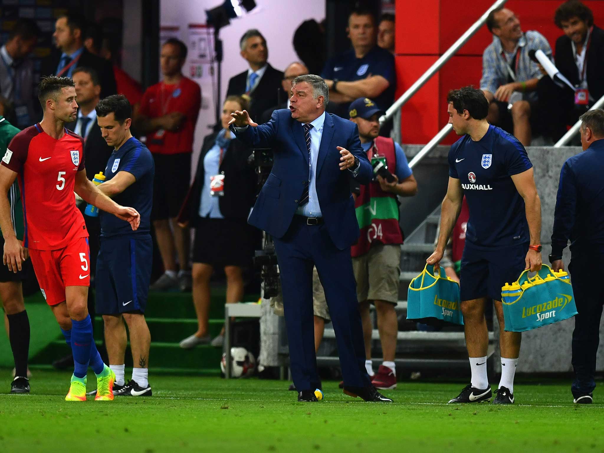 Sam Allardyce delivers instructions during England's win in Slovakia