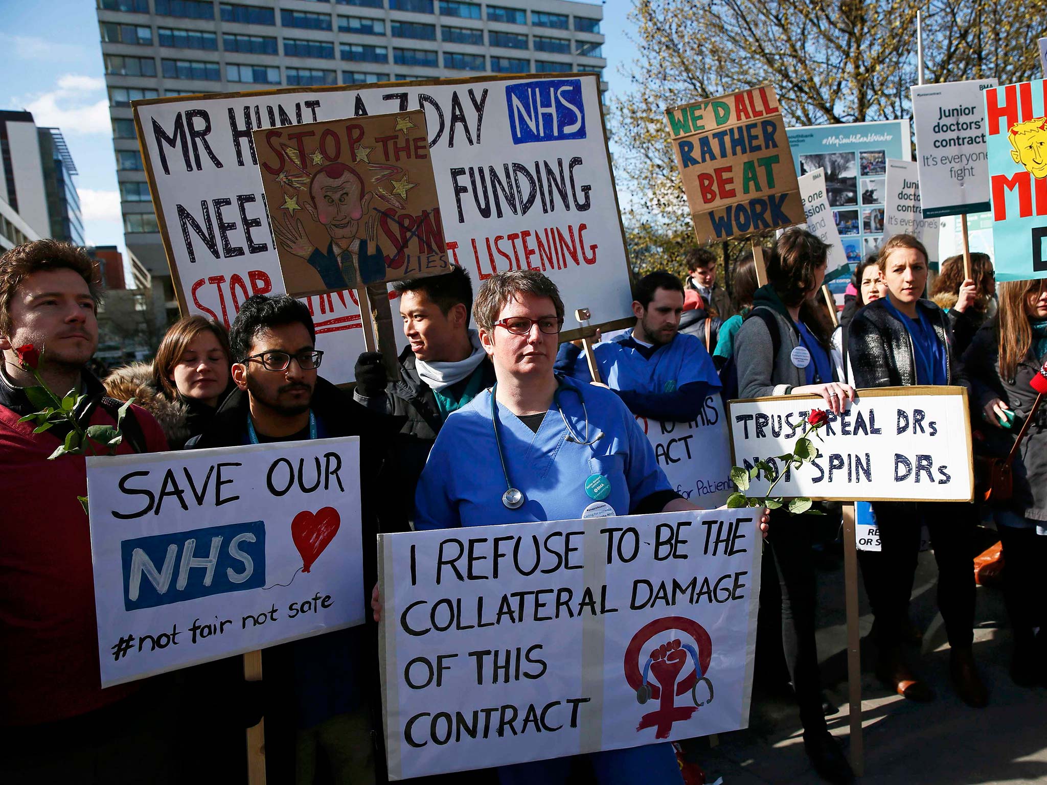 Doctors protesting in April 2016 during the dispute over planned contract changes
