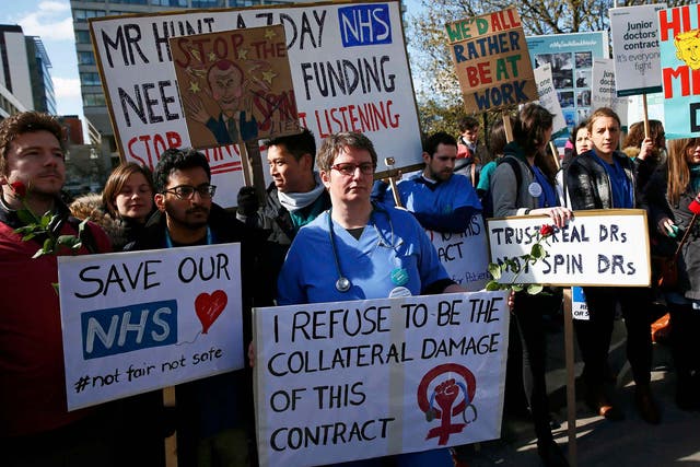 <p>Doctors protesting in April 2016 during the dispute over planned contract changes </p>