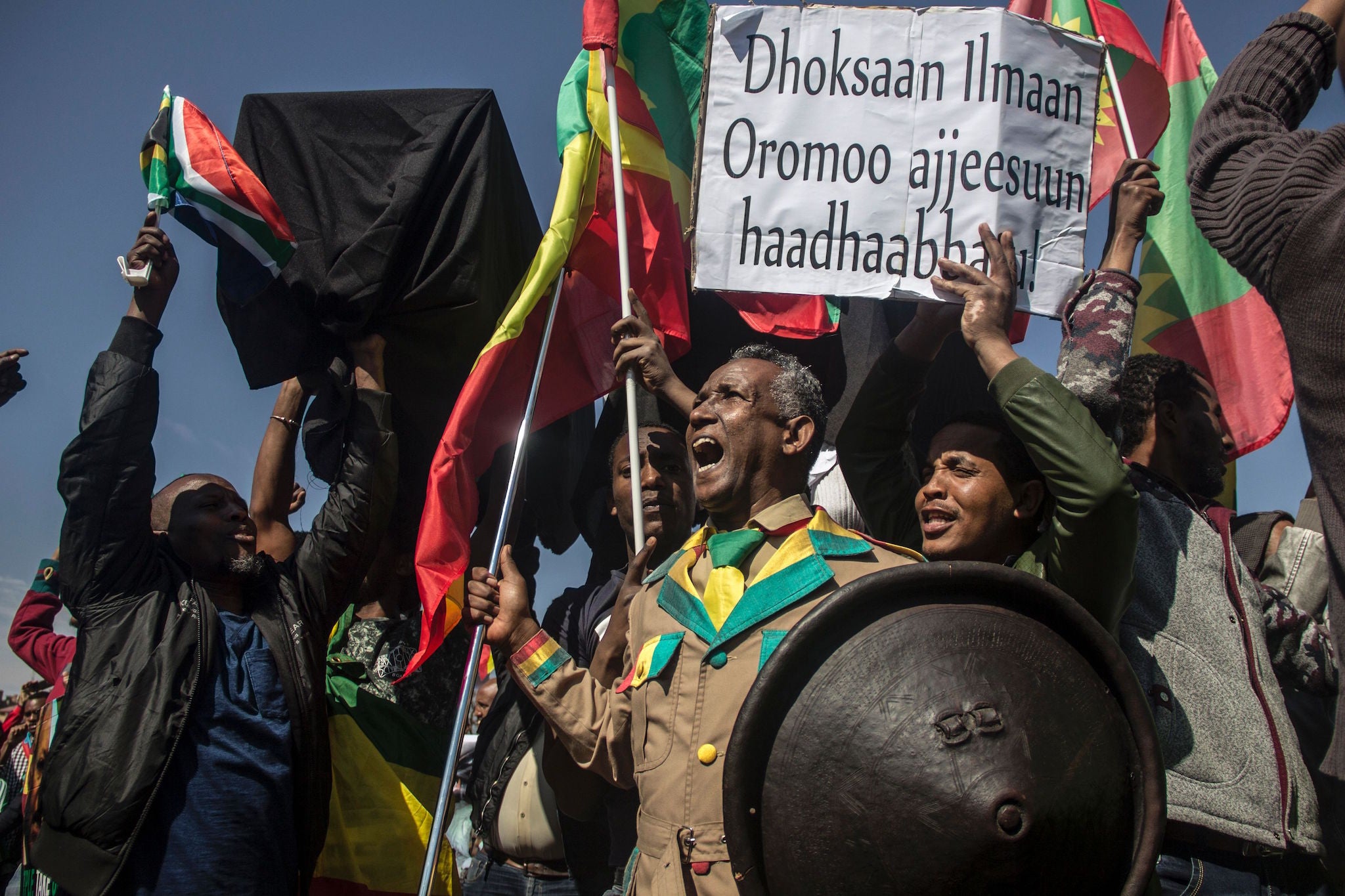 Members of the Oromo, Ogaden and Amhara community in South Africa demonstrate against the ongoing crackdown in the restive Oromo and Amhara region of Ethiopia on August 18, 2016