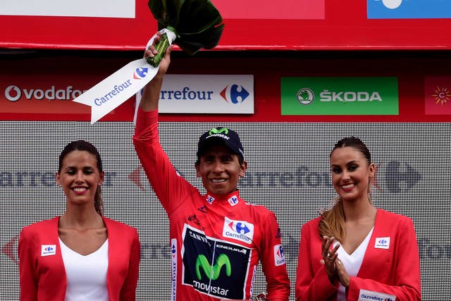 Nairo Quintana celebrates retaining the red jersey at Stage 16