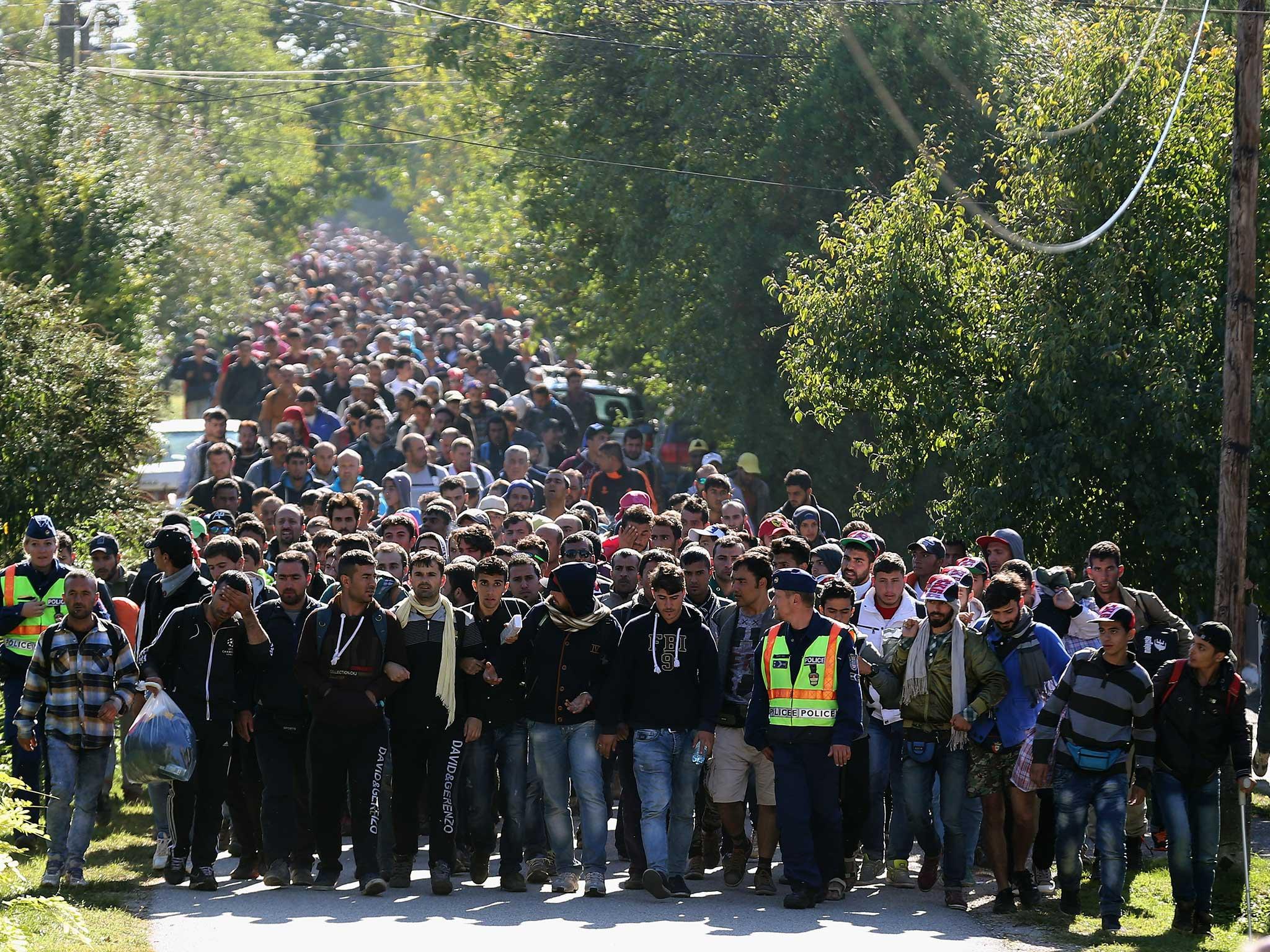 Hundreds of refugees who arrived by train at Hegyeshalom on the Hungarian and Austrian border walk into Austria on 22 September, 2015