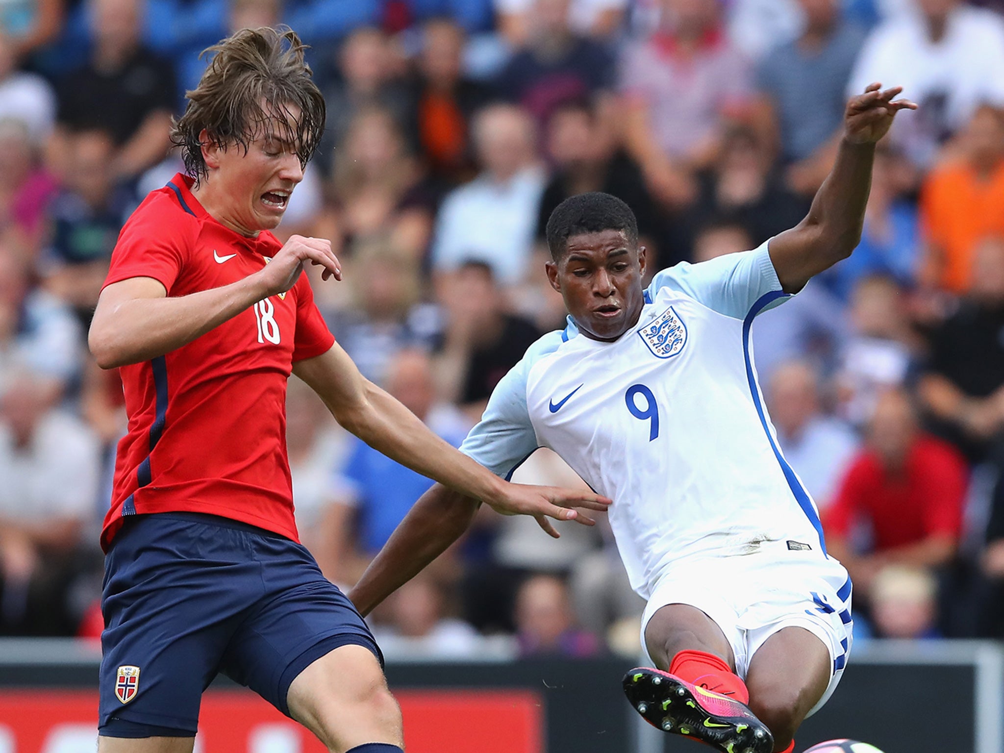 Rashford scoring the opening goal for England Under-21s against Norway