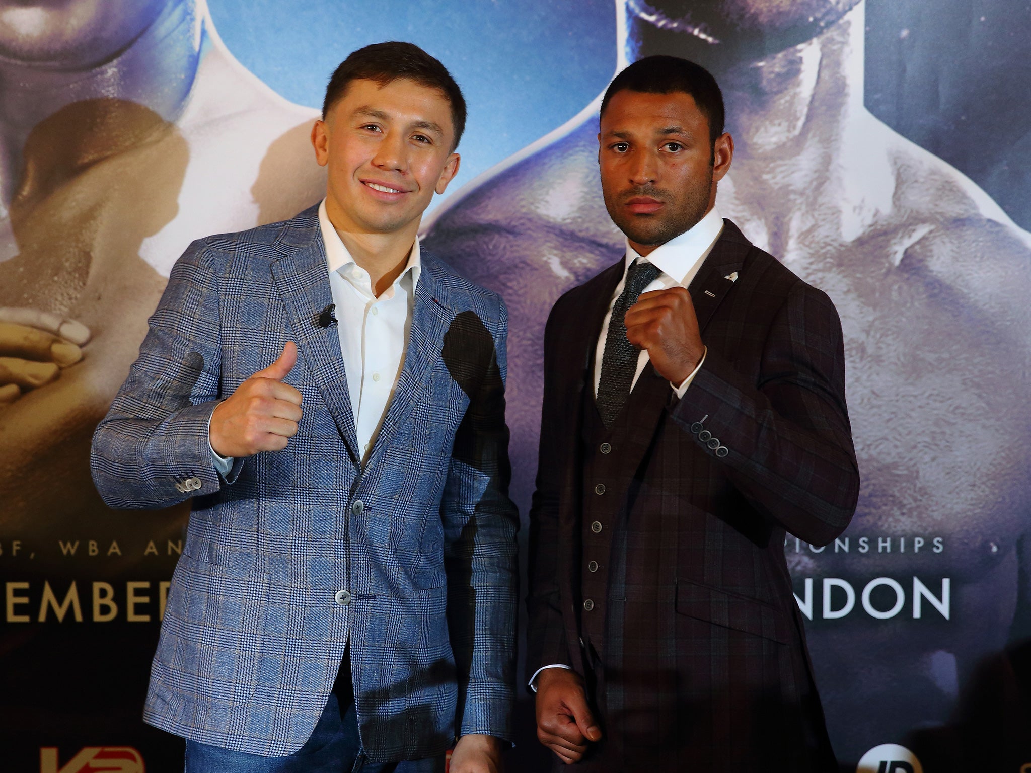 Golovkin and Brook pose at the pre-fight press conference