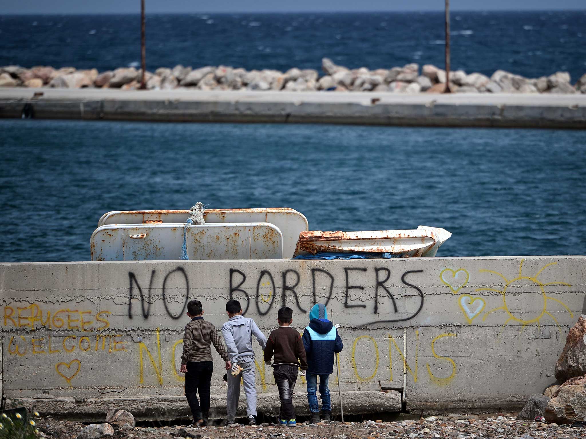 Refugee children play near the Souda refugee camp, near Chios. Some now have the opportunity to gain some of the education they have missed