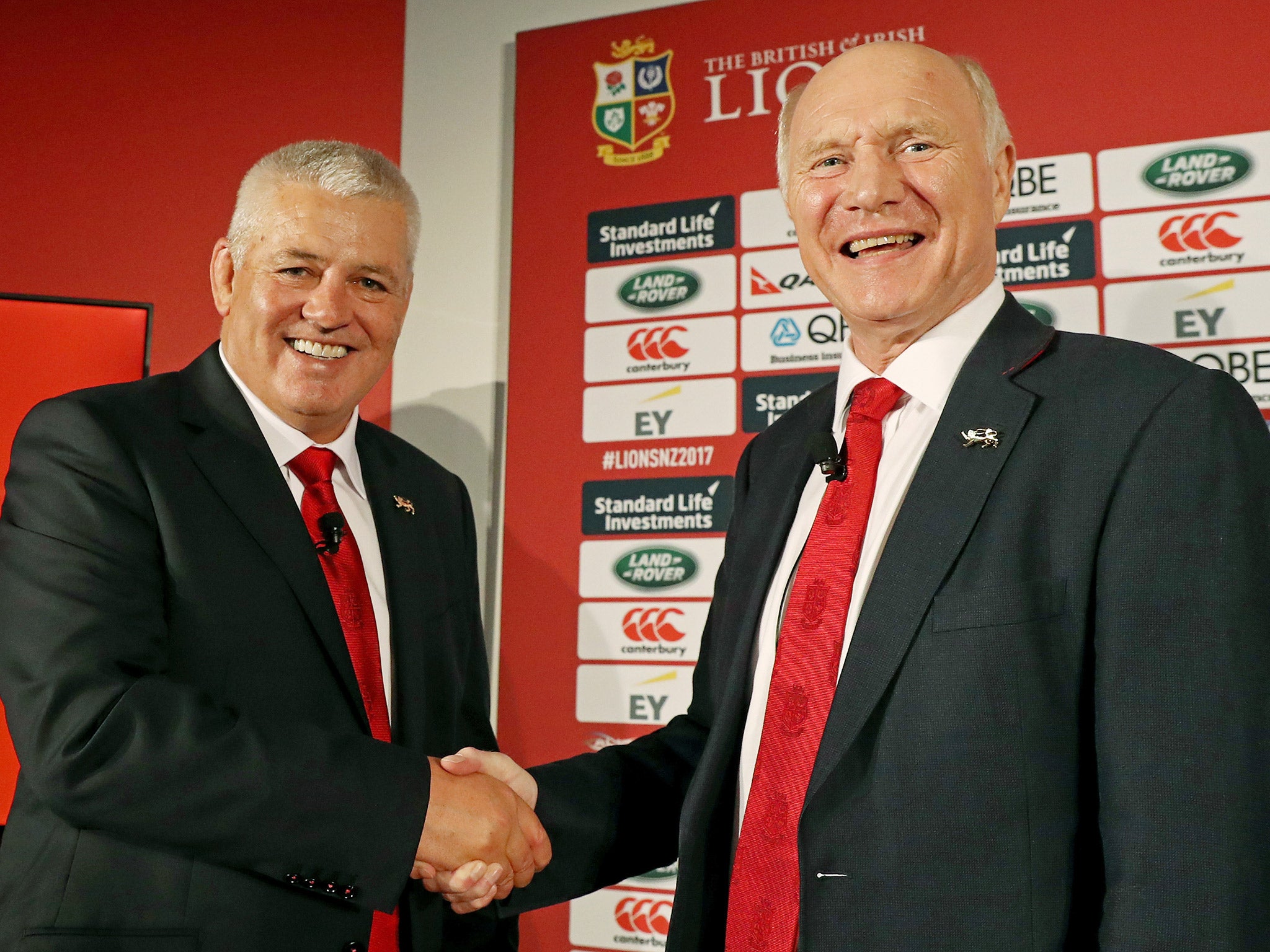 Gatland shakes hands with British and Irish Lions tour manager John Spencer