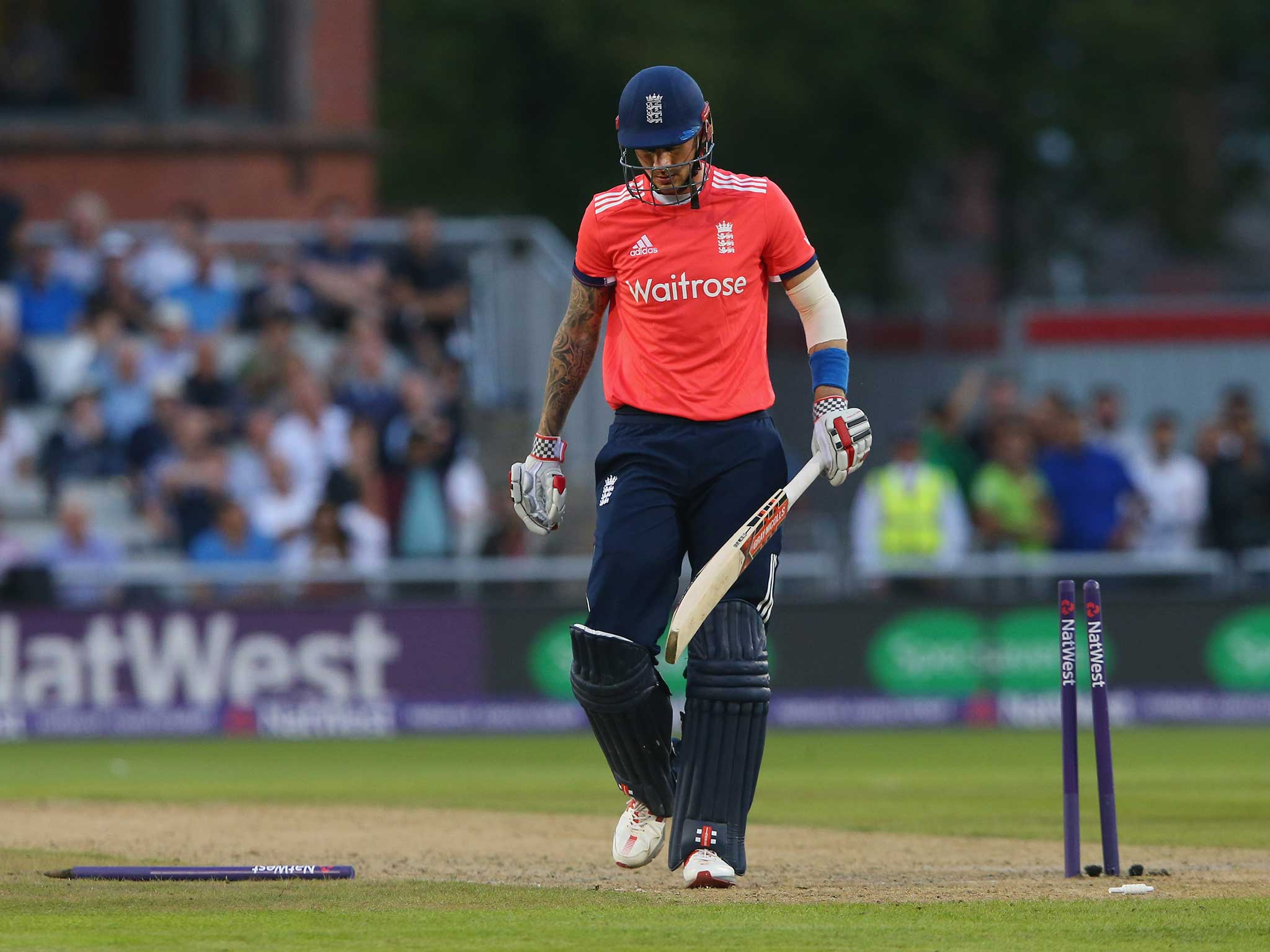 Alex Hales hastily makes way after a disappointing evening