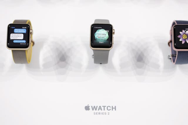 Versions of the Apple Watch Series 2 are displayed during an Apple media event in San Francisco, California, U.S. September 7, 2016