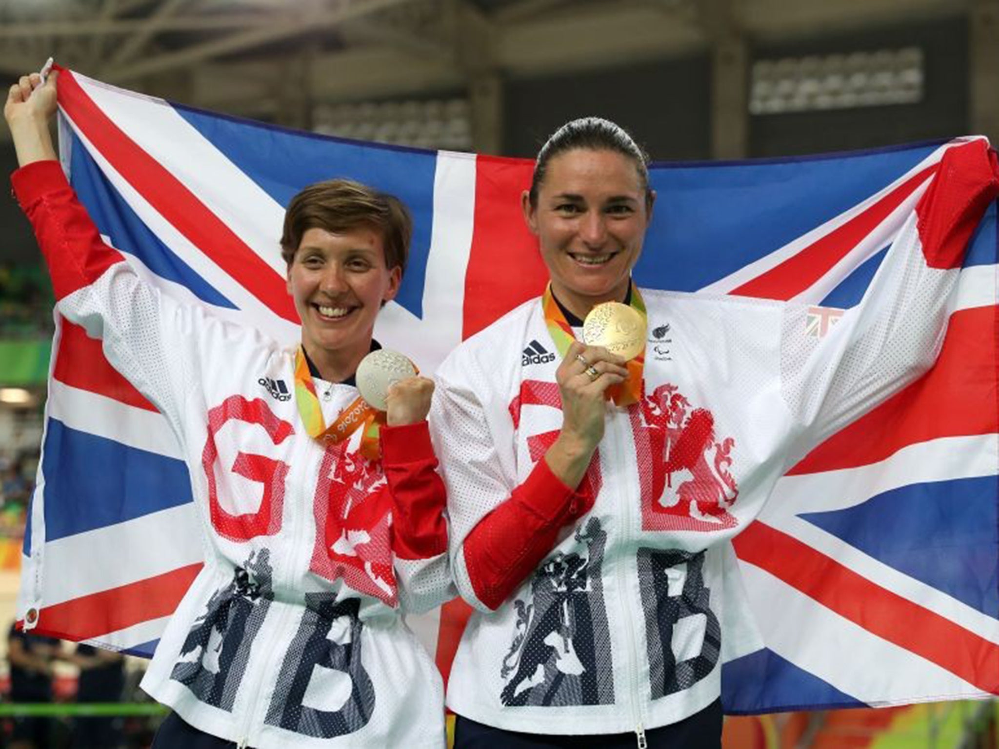 Crystal Lane (left) and Sarah Storey with their Paralympic medals at the Rio velodrome on Thursday evening