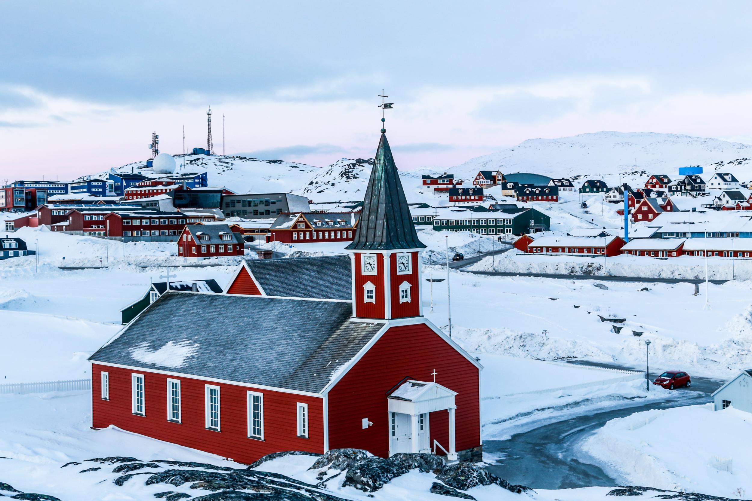 The historical centre of Greenland's capital, Nuuk, with Annaassisitta Oqaluffia, the Church of Our Saviour, in the foreground