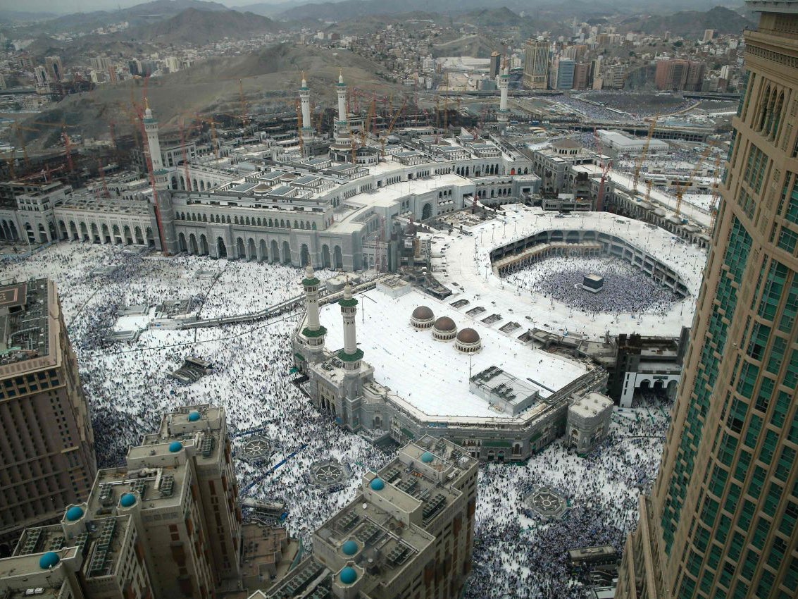 Muslim pilgrims from all around the world circling around the Kaaba at the Grand Mosque, in the Saudi city of Mecca