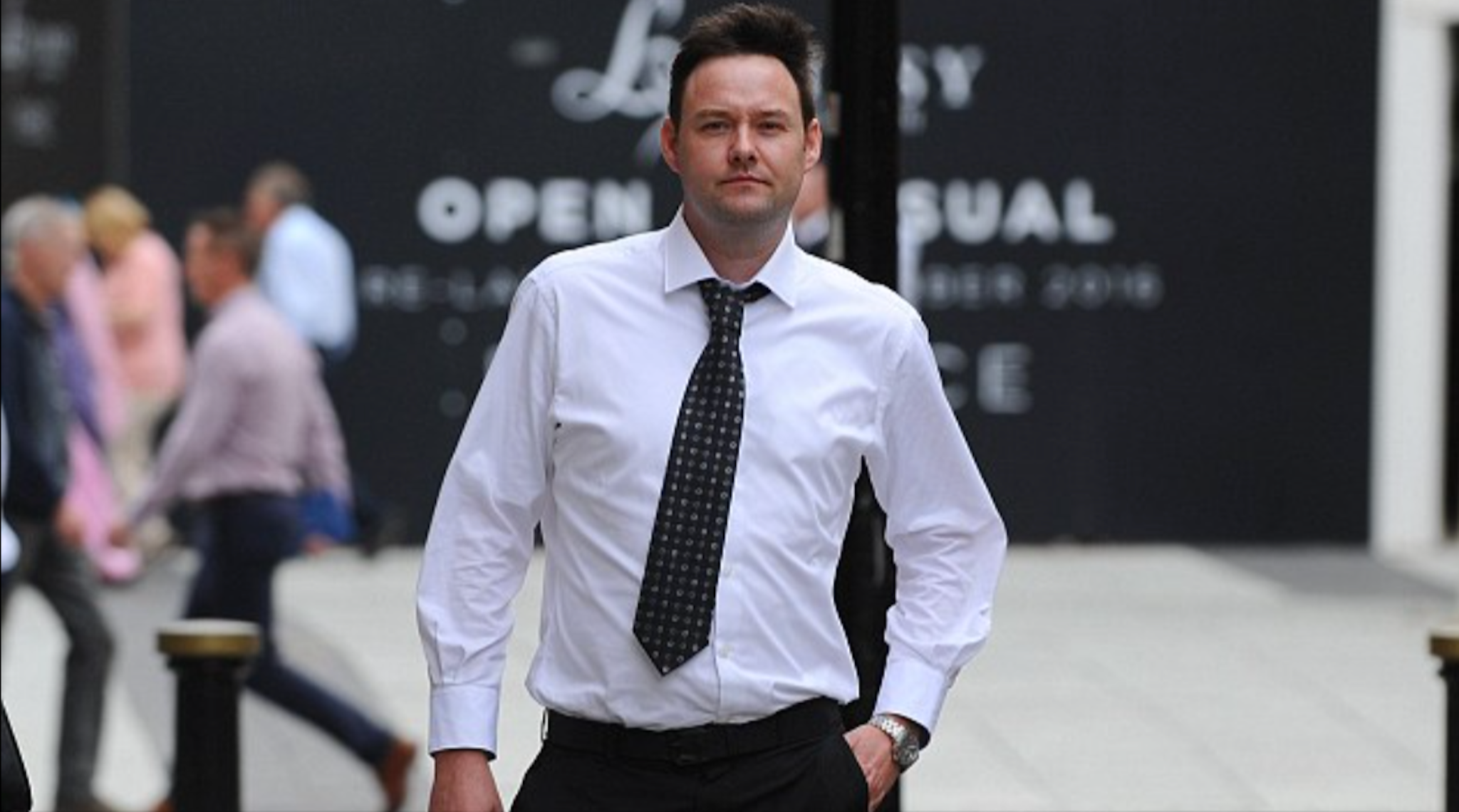 IT teacher Russell Oakley, 38, arriving at the disciplinary hearing in Cardiff