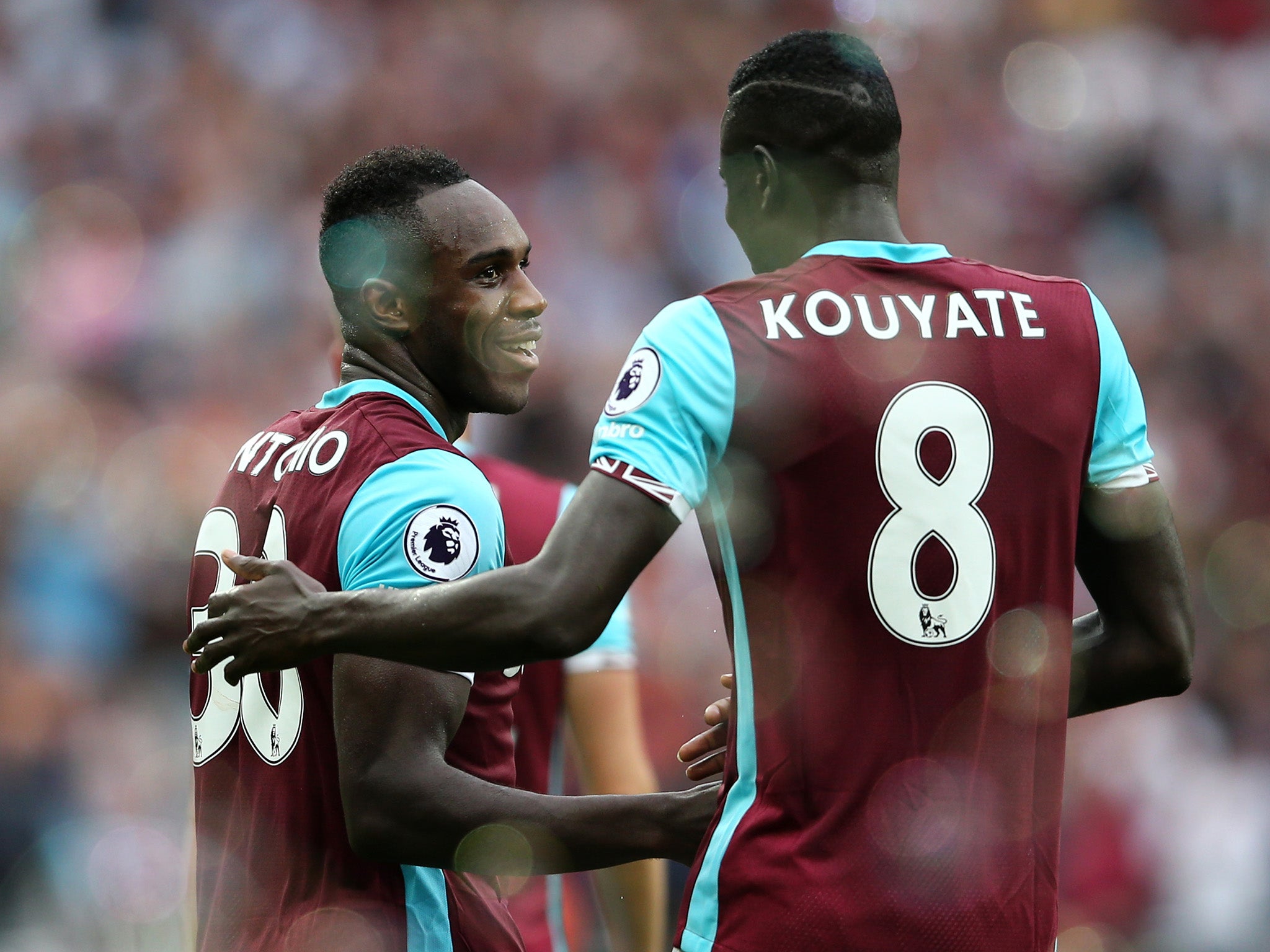 Michail Antonio celebrates scoring West Ham's first goal against Watford during Sunday's match