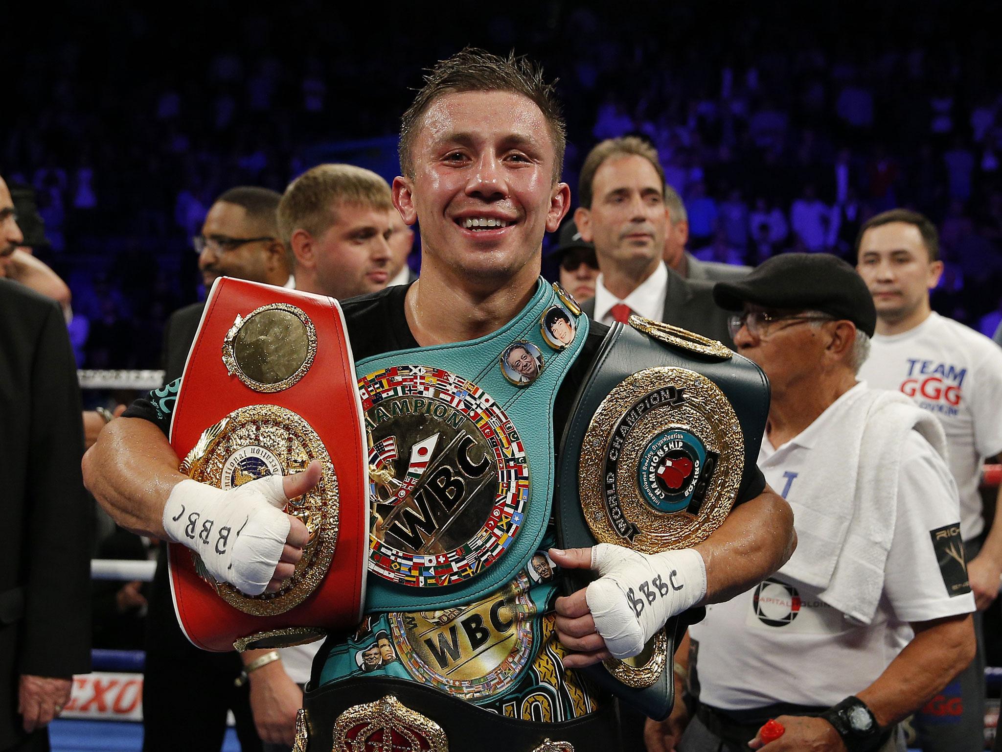Gennady Golovkin celebrates retaining his WBC, IBF and IBO World Middleweight titles after stopping Kell Brook at the O2
