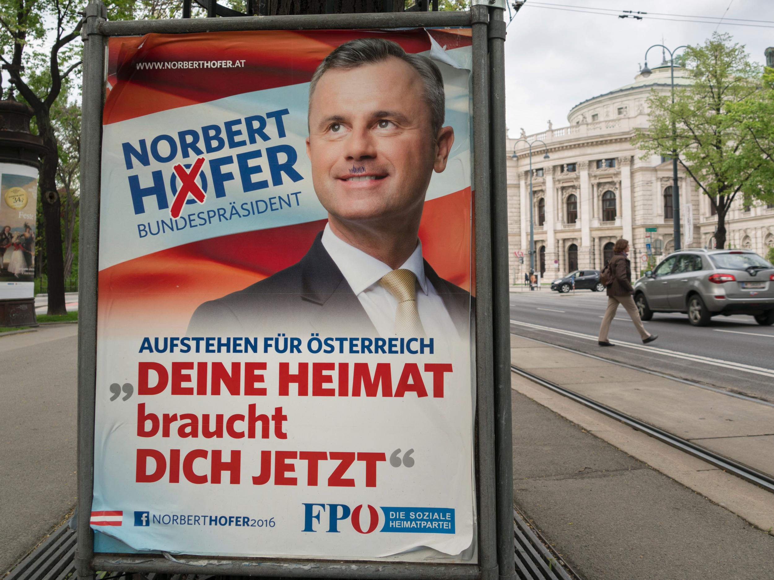 An election campaign poster of presidential candidate Norbert Hofer from the Freedom Party of Austria seen in Vienna