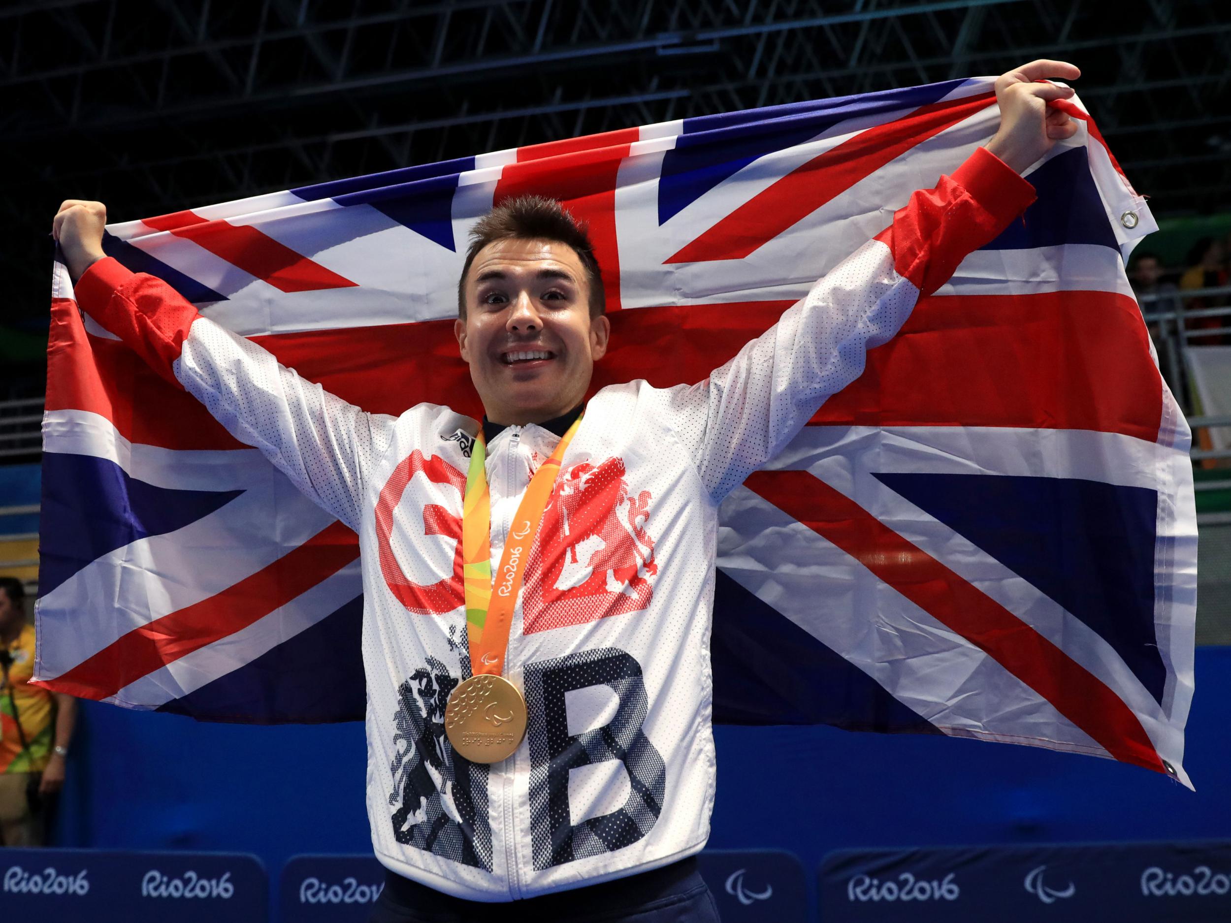 Great Britain's Will Bayley celebrates with the Gold Medal after winning the Class 7 Mens Singles Table Tennis Gold Medal Match