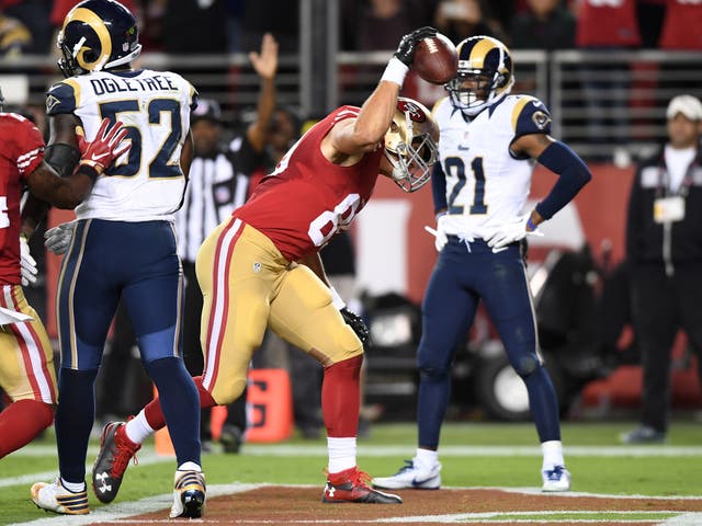 Vance McDonald caught the opening touchdown for the San Francisco 49ers in their 28-0 rout of the LA Rams