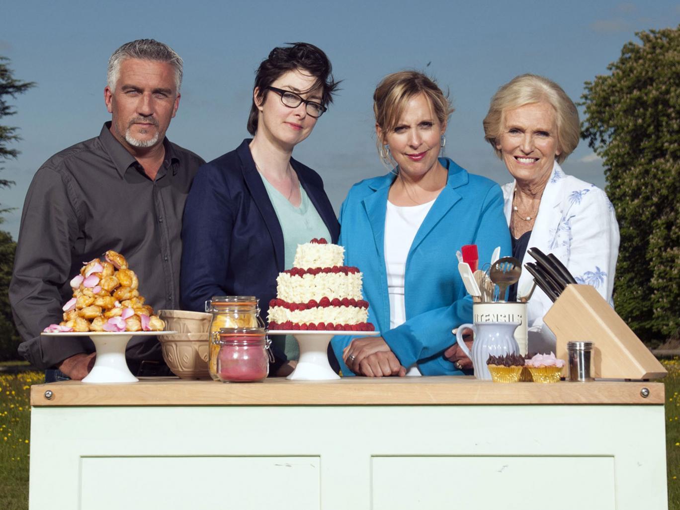 Paul Hollywood, Sue Perkins, Mel Giedroyc and Mary Berry judge and host The Great British Bake Off