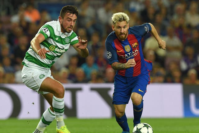Messi bypasses Celtic's Eoghan O'Connell at the Nou Camp
