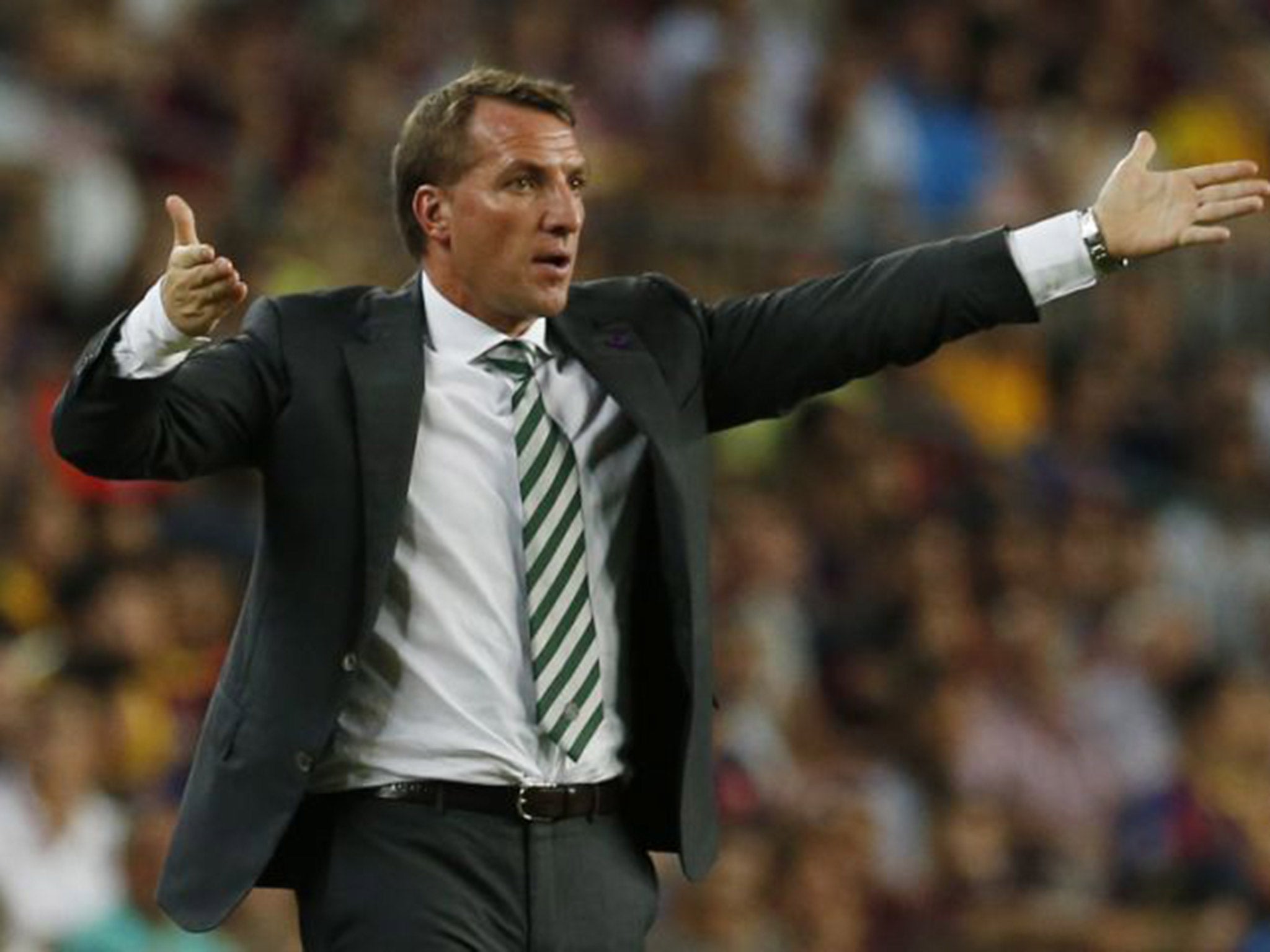 Brendan Rodgers reacts on the sideline during Celtic's heavy 7-0 defeat by Barcelona