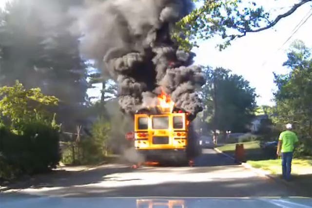 Dash-cam footage shows the ferocity of the blaze on the school bus in Maryland
