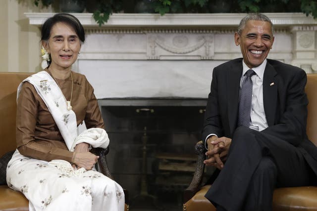 Barack Obama and Aung San Suu Kyi at the end of a meeting in Oval Office of the White House