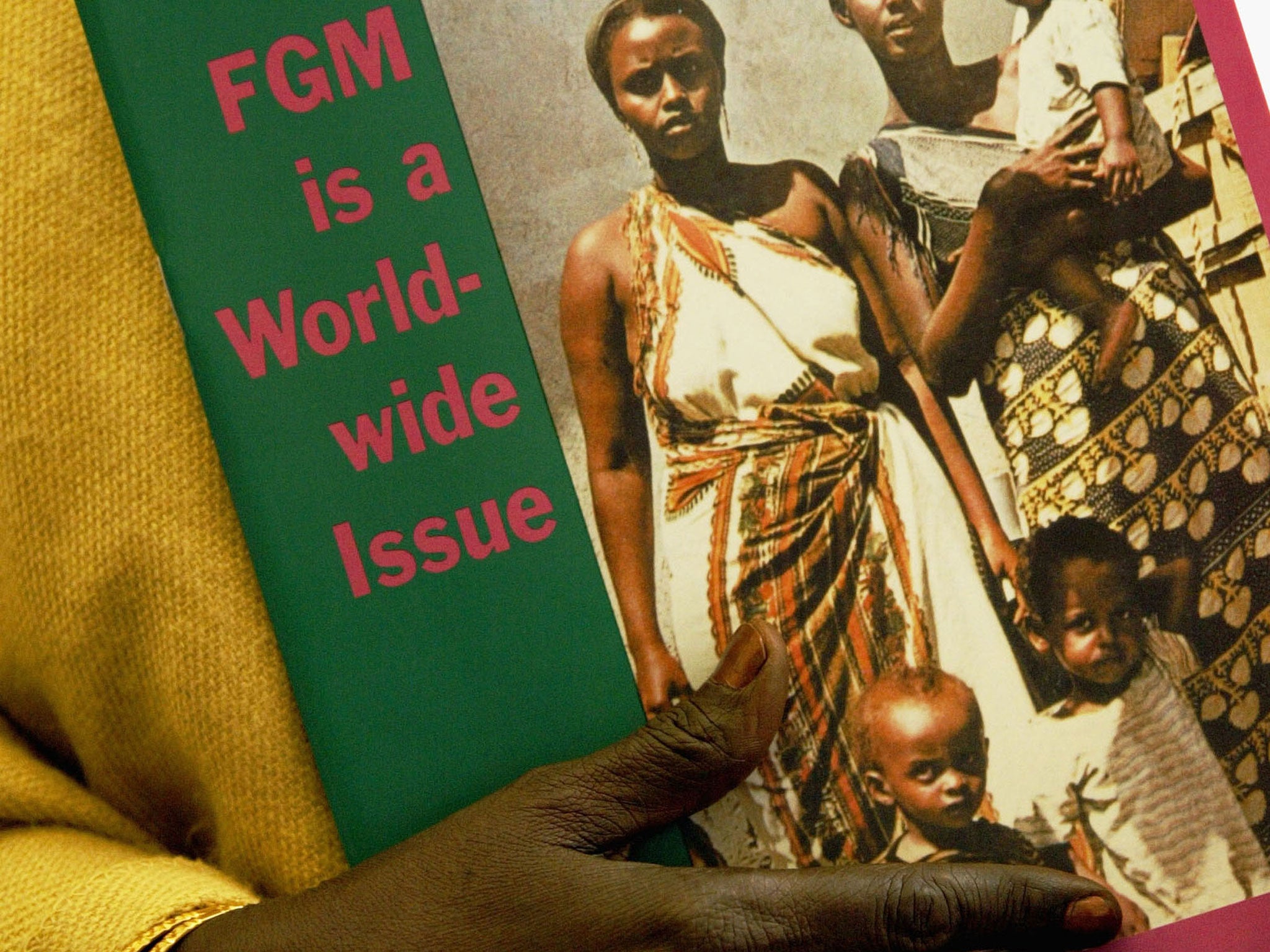 Dr Sarah Rodriguez says little is known of FGM in the US. In this picture, an FGM survivor carries a book on the procedure at a protest rally