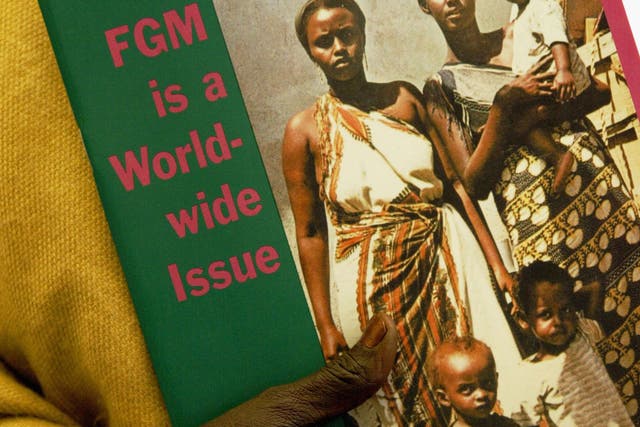 In this picture, an FGM survivor carries a book on the procedure at a protest rally (file photo)