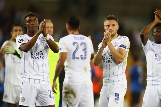 Leicester's players applaud their travelling support