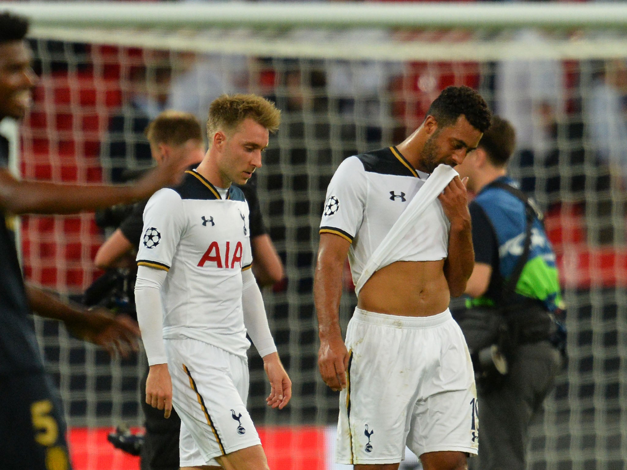 Christian Eriksen and Mousa Dembele after the defeat to Monaco