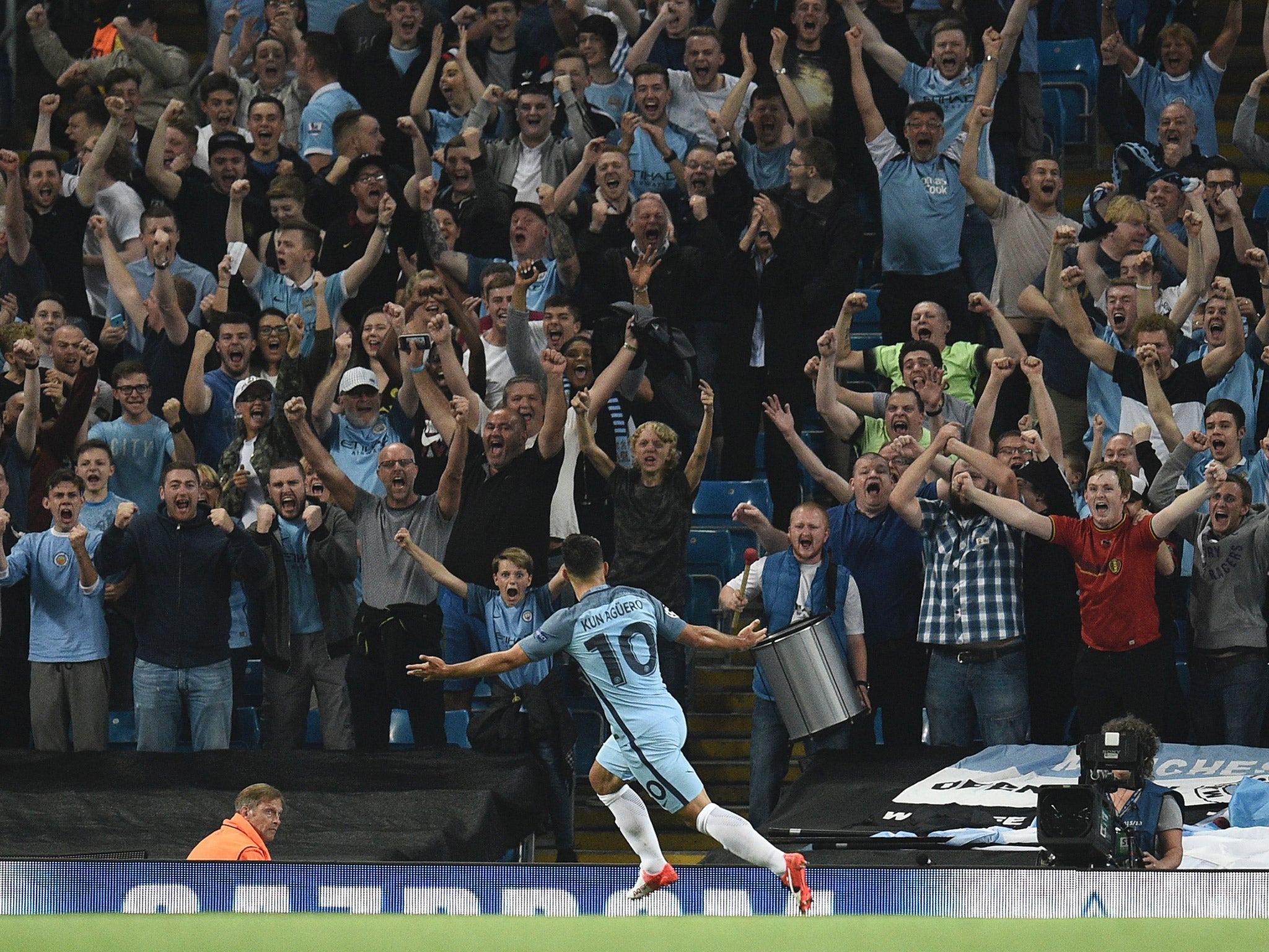 Sergio Aguero celebrates during a Champions league match for Manchester City