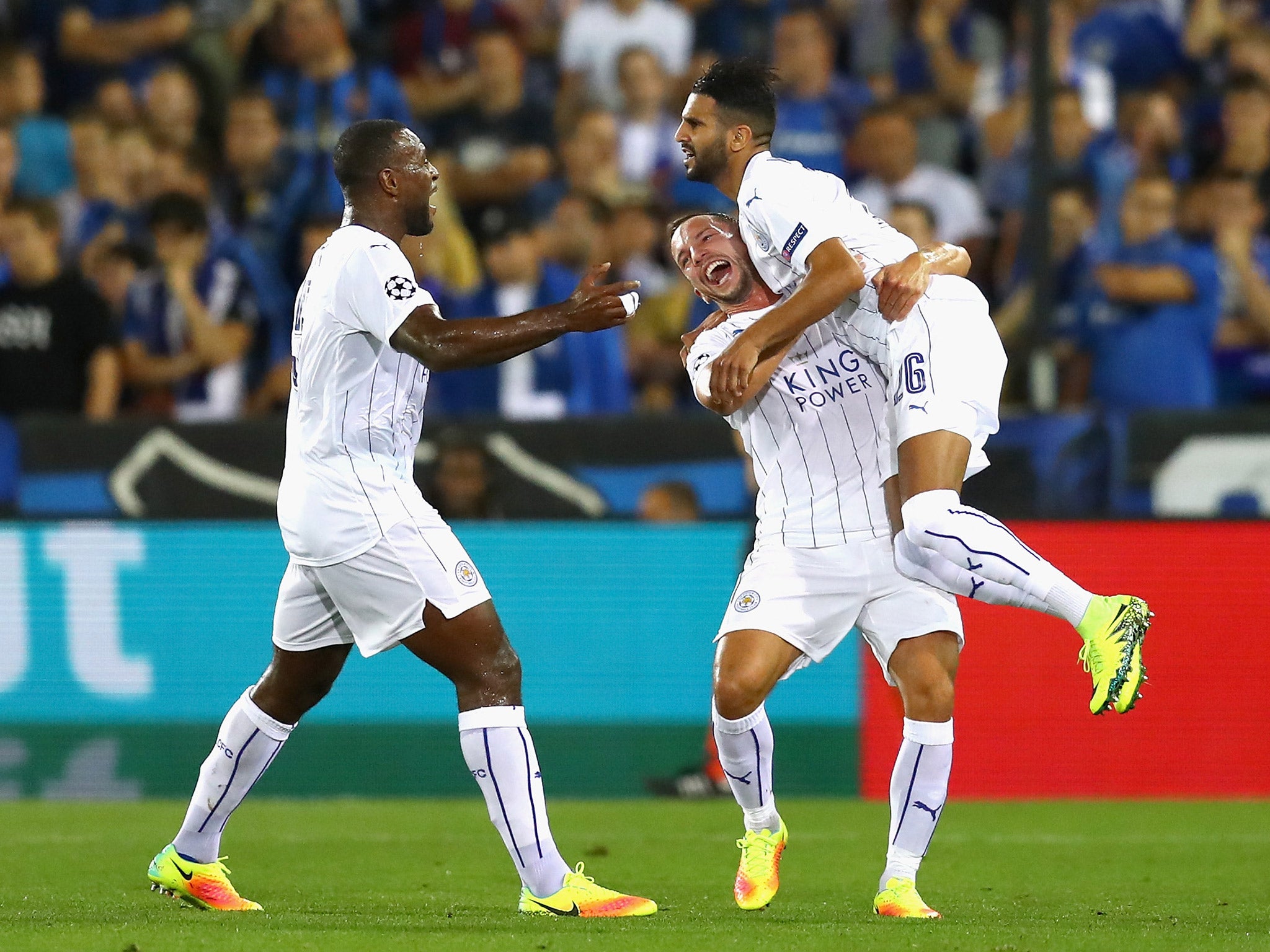 Leicester's Riyad Mahrez, Danny Drinkwater and Was Morgan celebrate their second goal