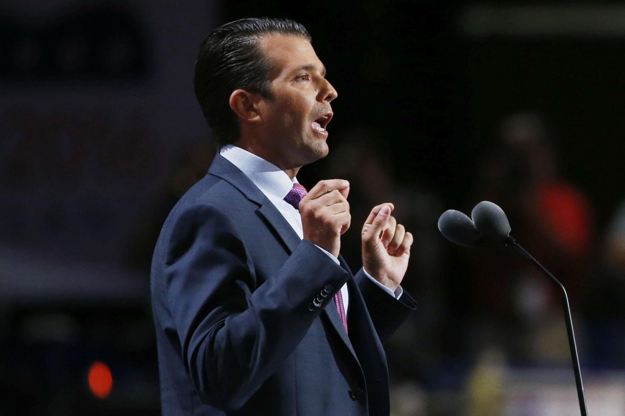 Donald Trump Jr speaking at the Republican convention in Cleveland in July