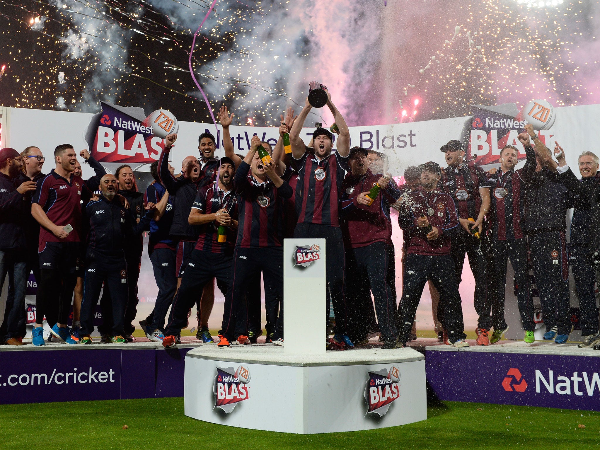 Northamptonshire celebrate after winning the Natwest T20 Blast final at Edgbaston cricket ground on August 20, 2016