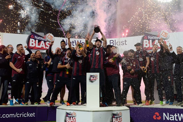 Northamptonshire celebrate after winning the Natwest T20 Blast final at Edgbaston cricket ground on August 20, 2016
