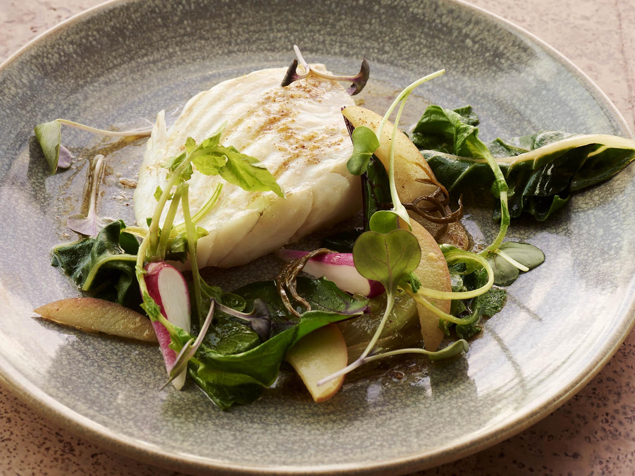 Butter-poached turbot, radishes, sea vegetables and wild horseradish featured on a previous menu