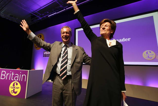 Nigel Farage introduces Diane James at the UKIP Autumn Conference in Bournemouth, September 2016