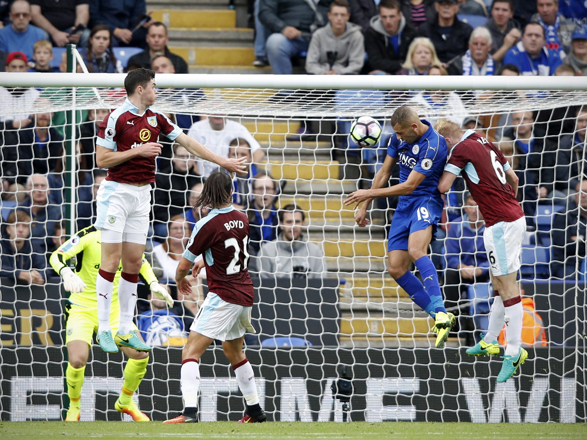 Islam Slimani rose highest to open the scoring for Leicester
