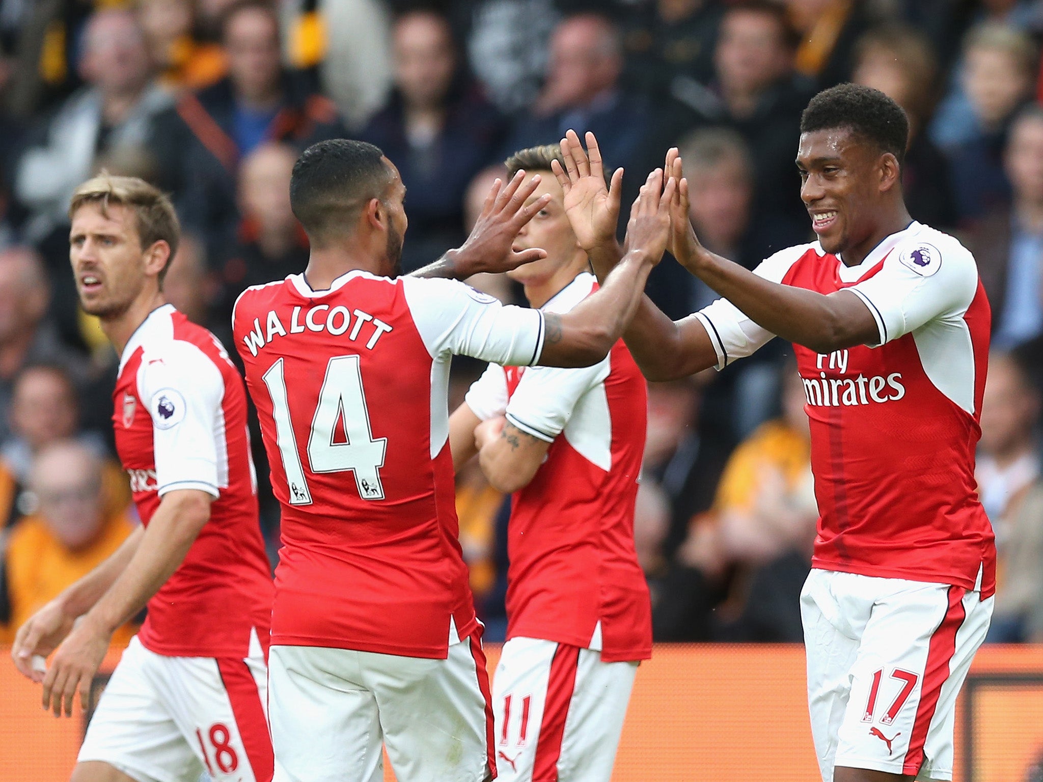 Alex Iwobi celebrates his goal but it was later awarded to Alexis Sanchez