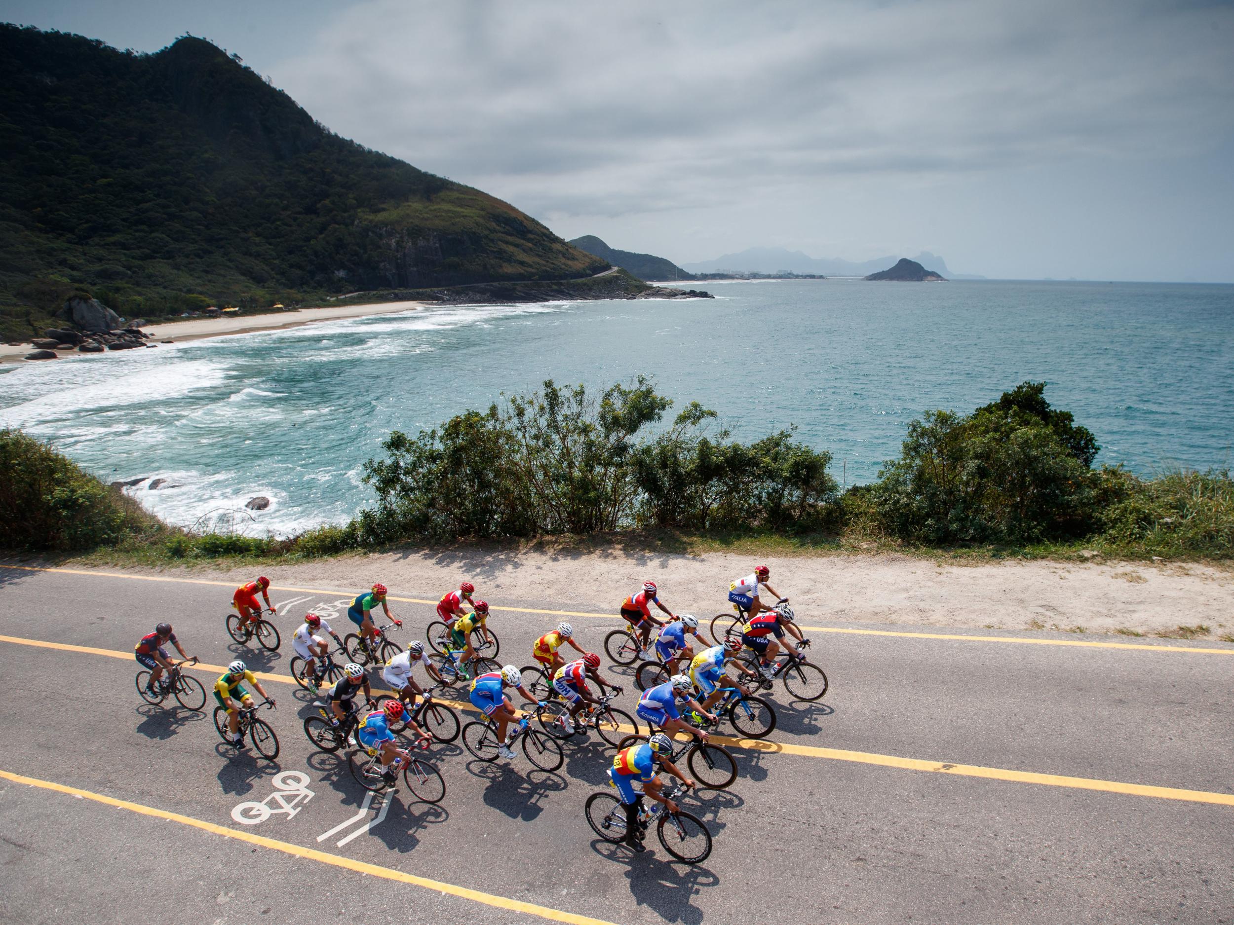 Cyclists compete in the men's road cycling race C4-5, during the Paralympic Games in Rio de Janeiro, Brazil
